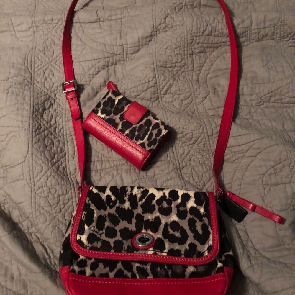Red/Cheetah Coach NWOT crossbody/Wallet